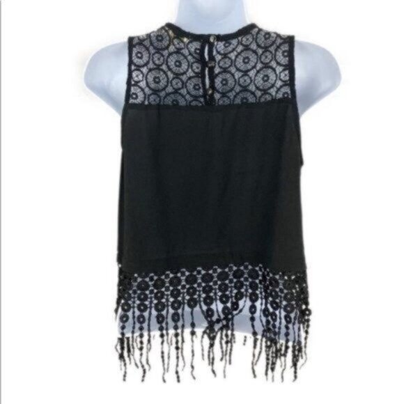 Monteau Black Cropped Tank Top Lace Back Fringe Hem Sleeveless Scoop Neck Size M - Picture 4 of 9